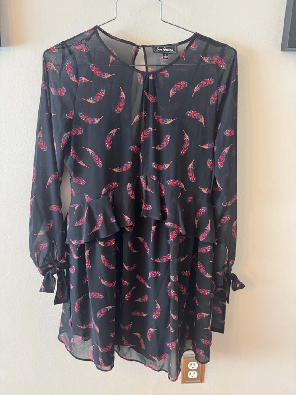 Love Culture Black Long-Sleeve Peplum Dress with Red Feather Print